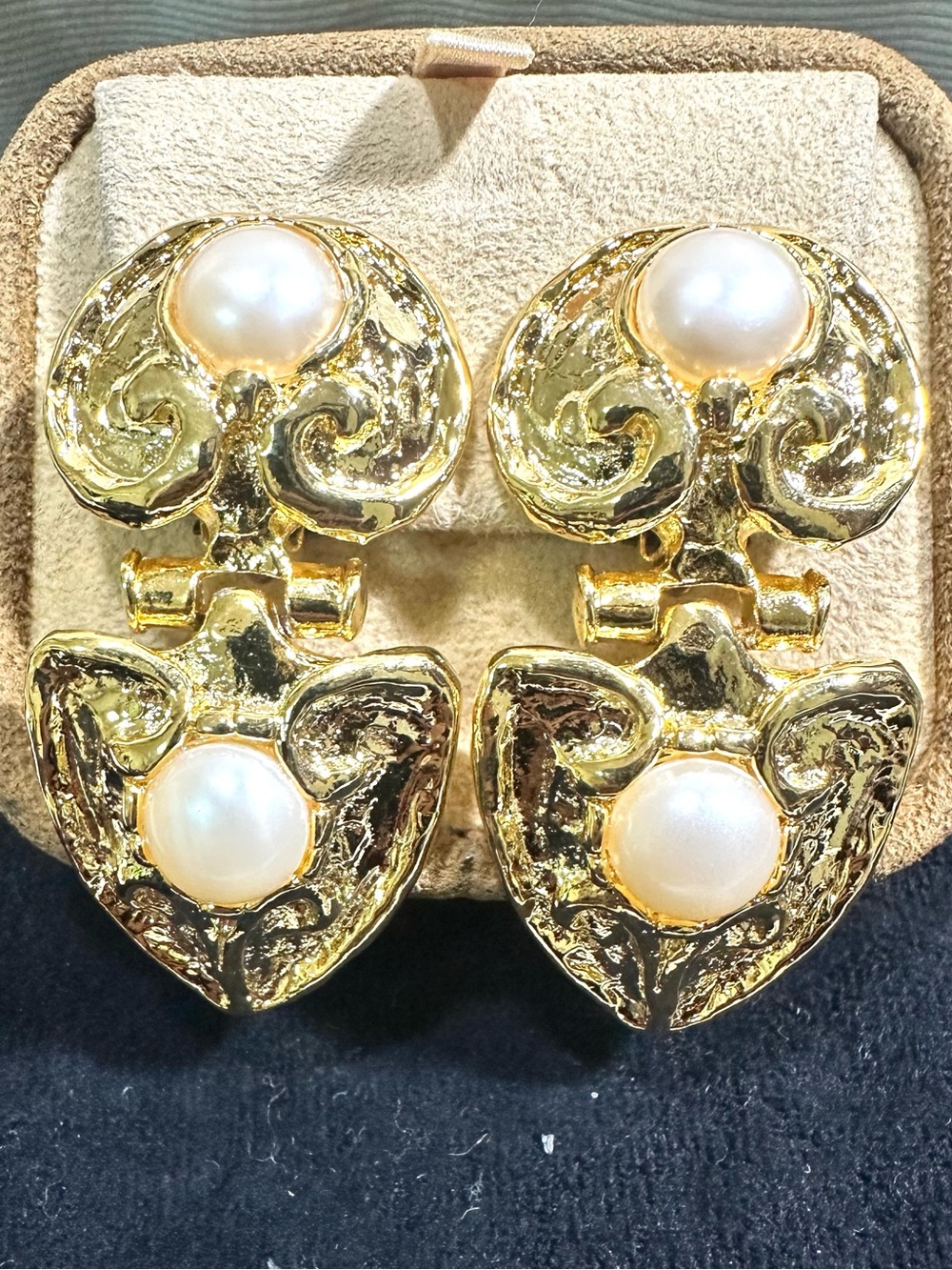 NOS/ Vtg Faux Pearl, Polished Gold Toned Door Knocker Earrings